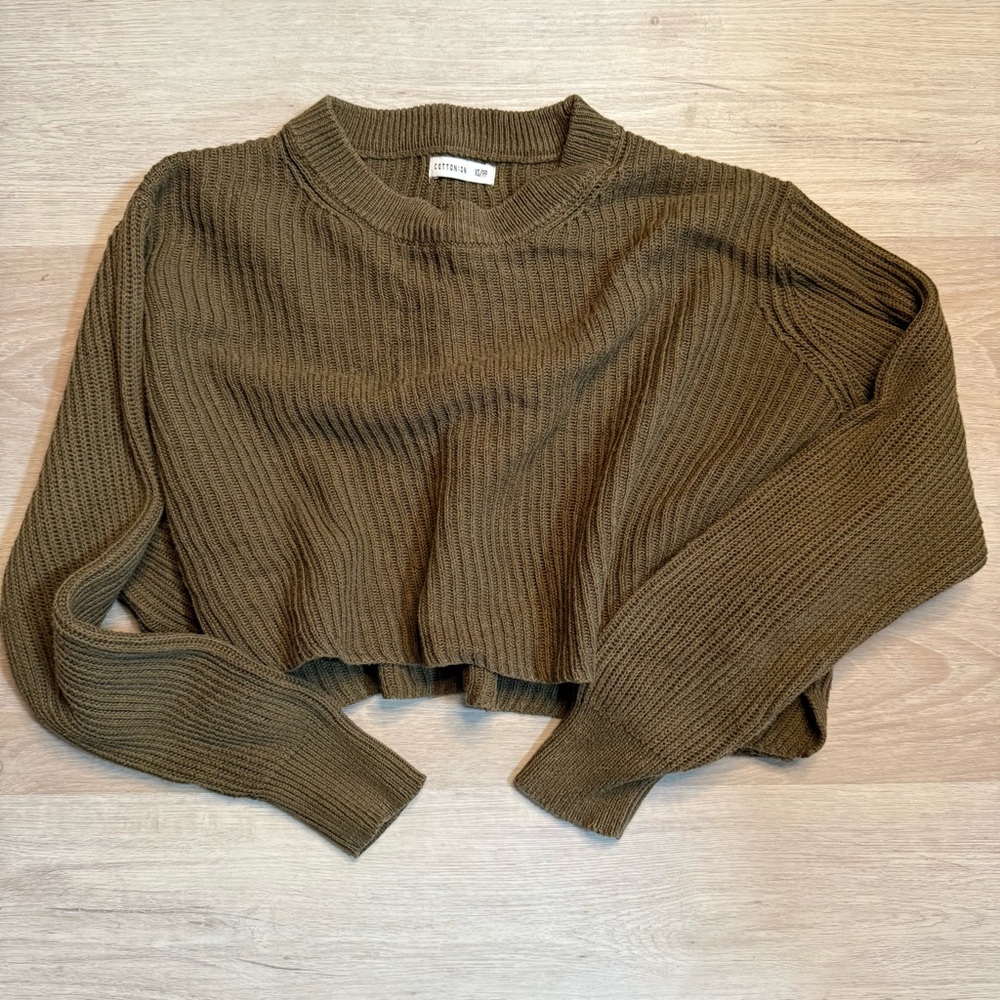 Cotton On Olive Green Ribbed Knit Crop Sweater XS
